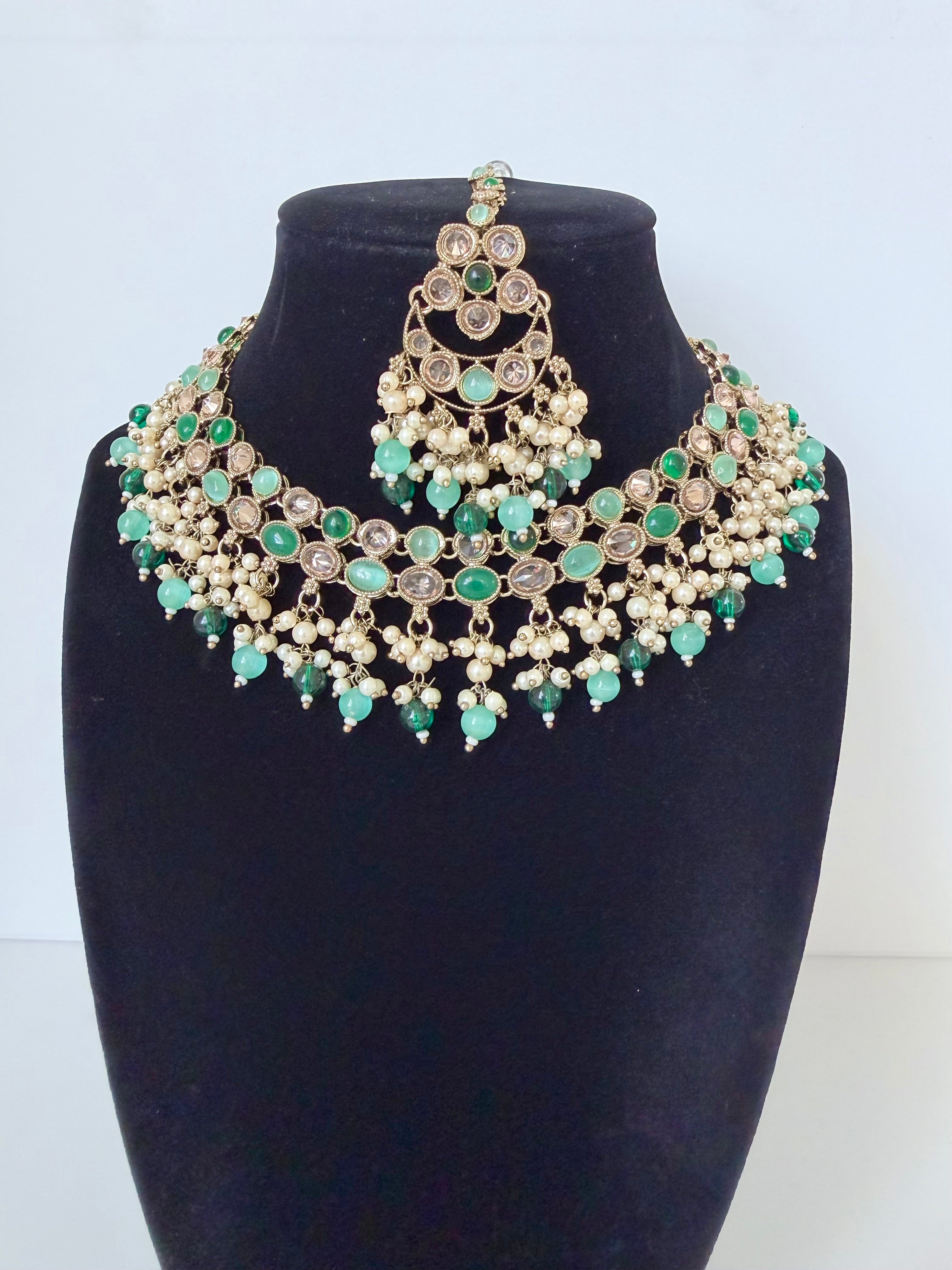 Bollywood Polki Riva Necklace Set with Earrings and Tikka