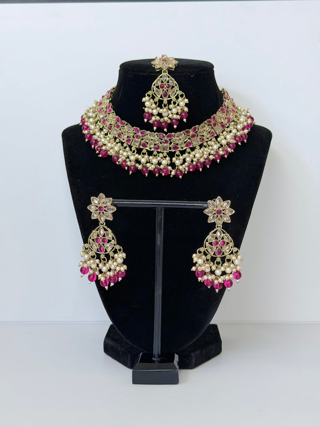 Bollywood Polki Ruhi Necklace Set with Earrings and Tikka