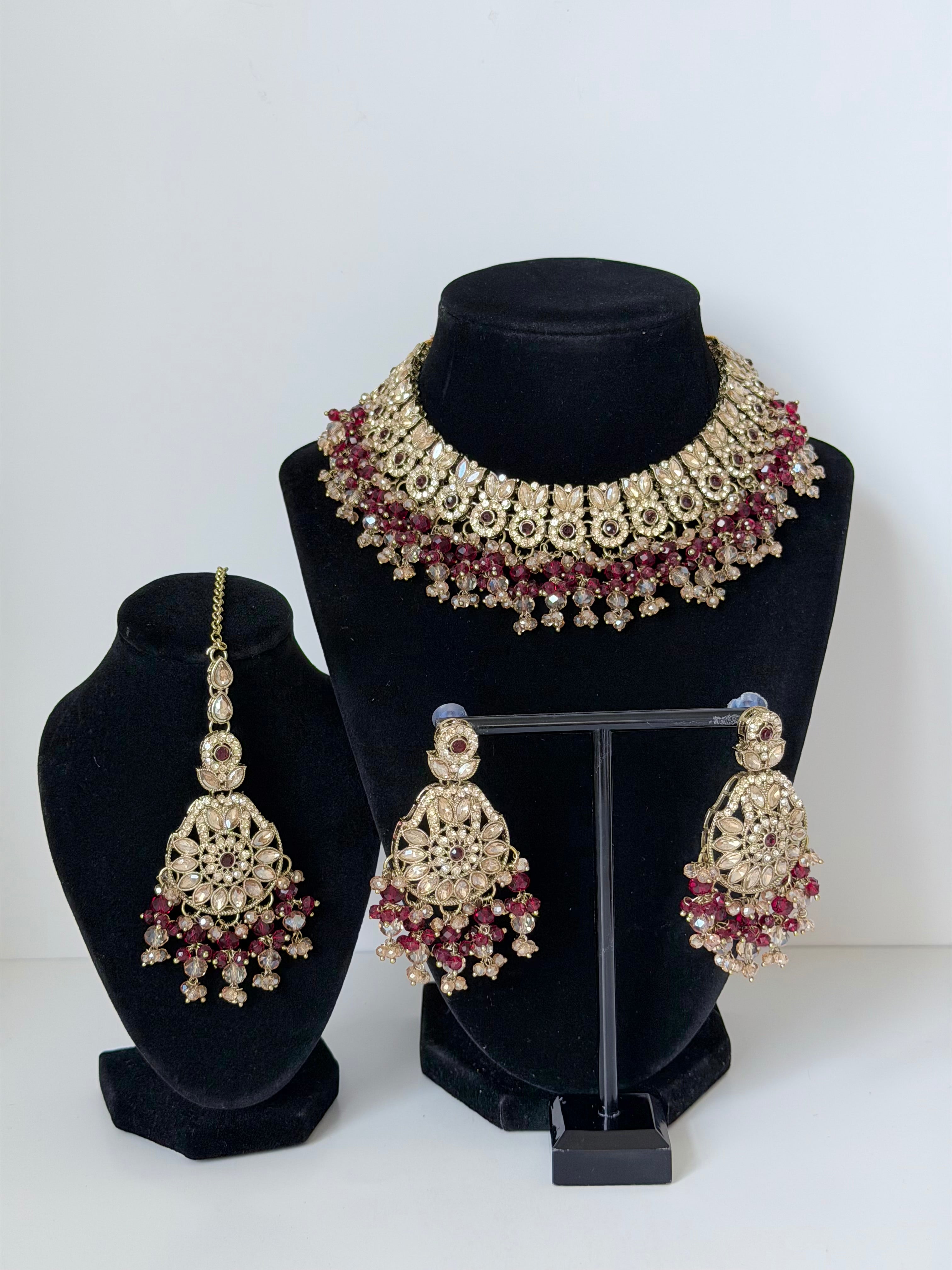 Bollywood Krithika Stonework Necklace Set with Earrings and Mangtika