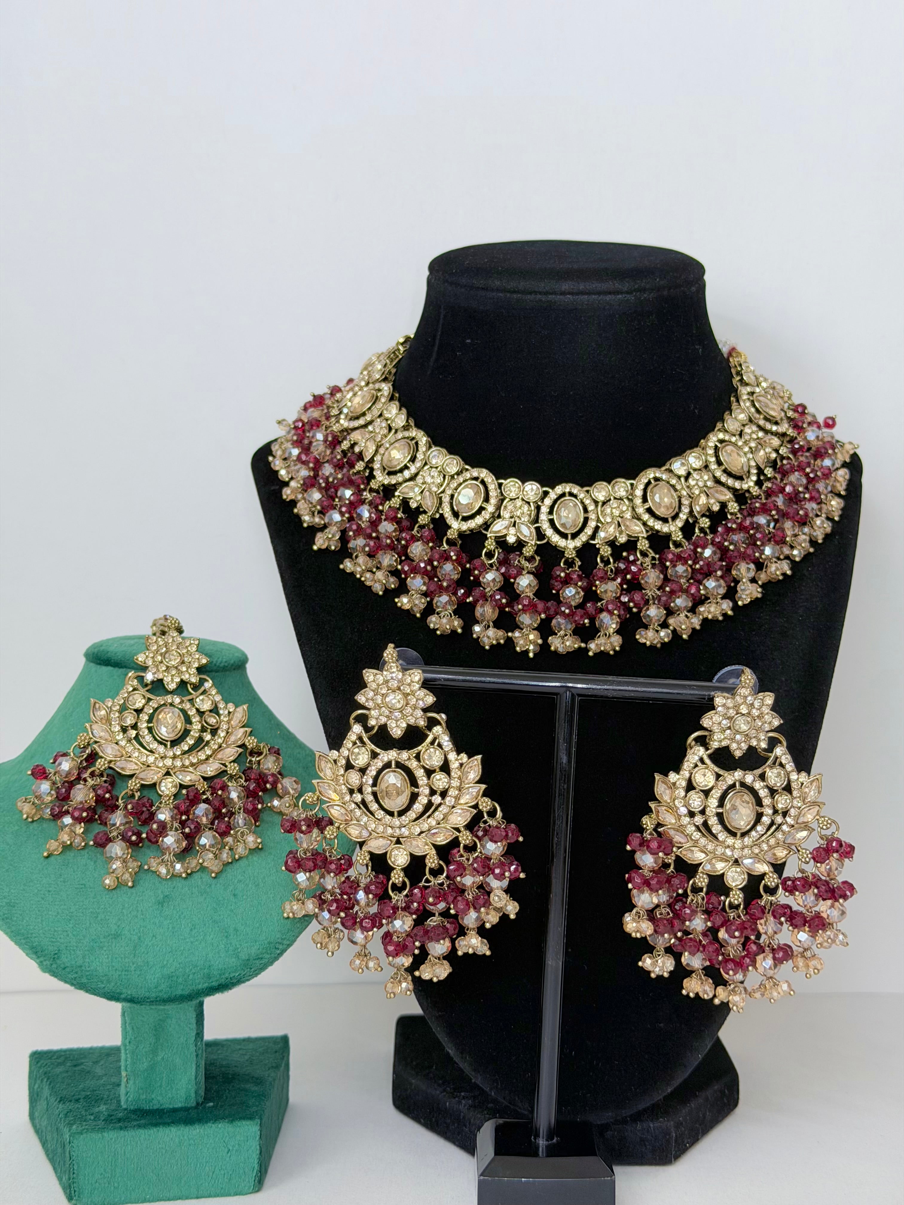 Bollywood Roshni Stonework Necklace Set with Earrings and Mangtika