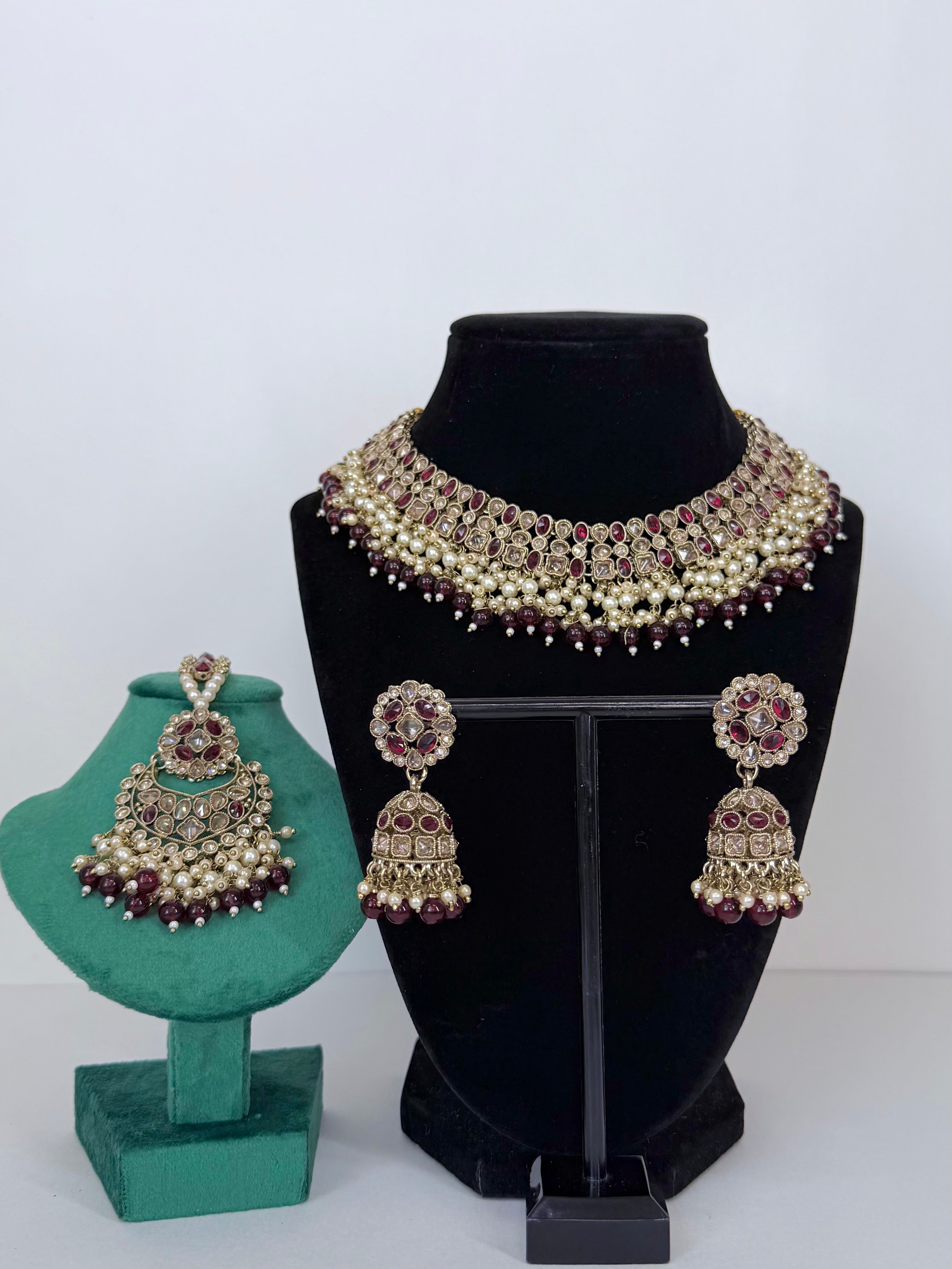 Bollywood Polki Pratha Necklace Set with Jhumka and Mangtika