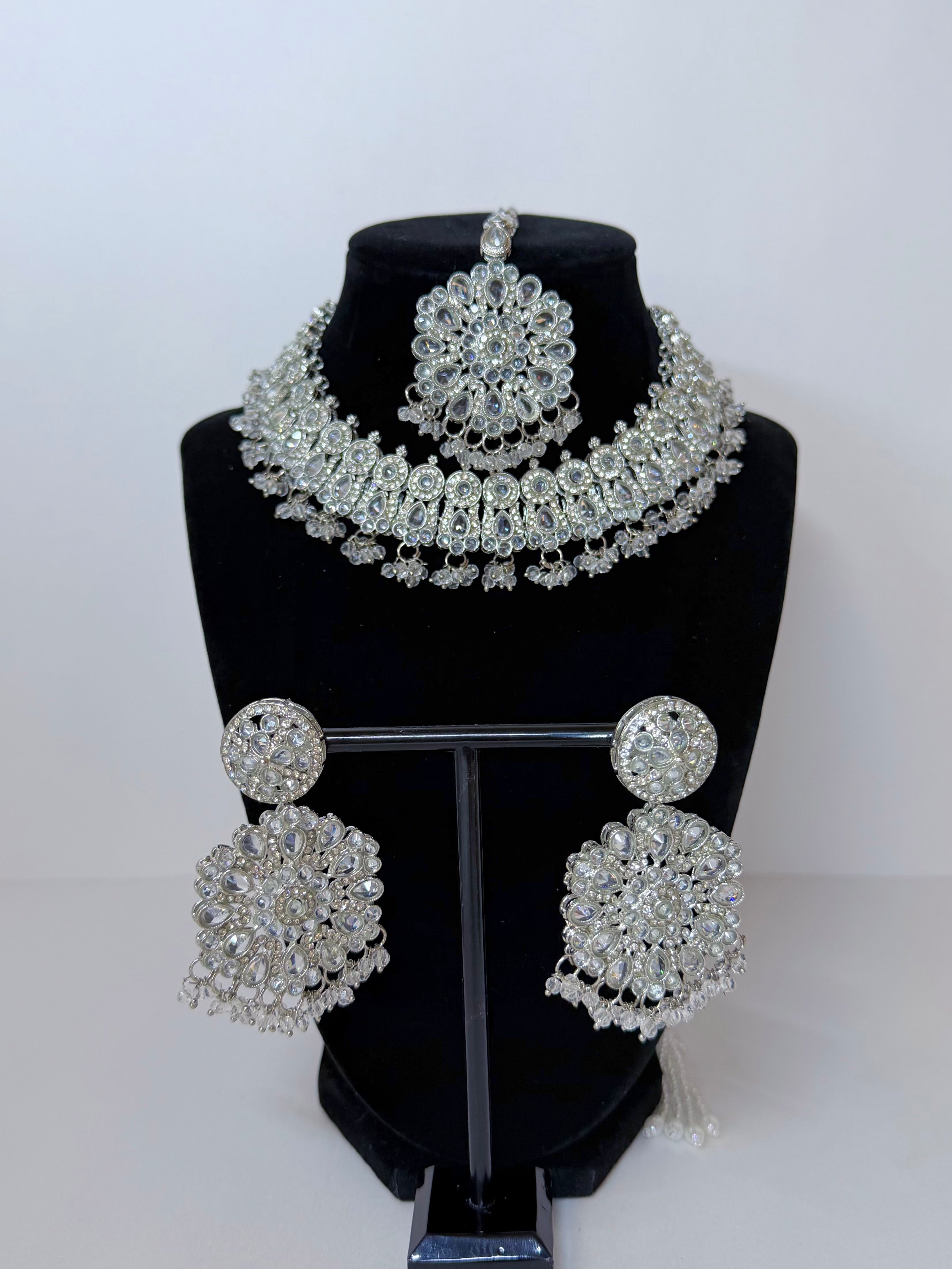 Bollywood Silver Polki Necklace Set with Jhumka/Earring and Maangtika