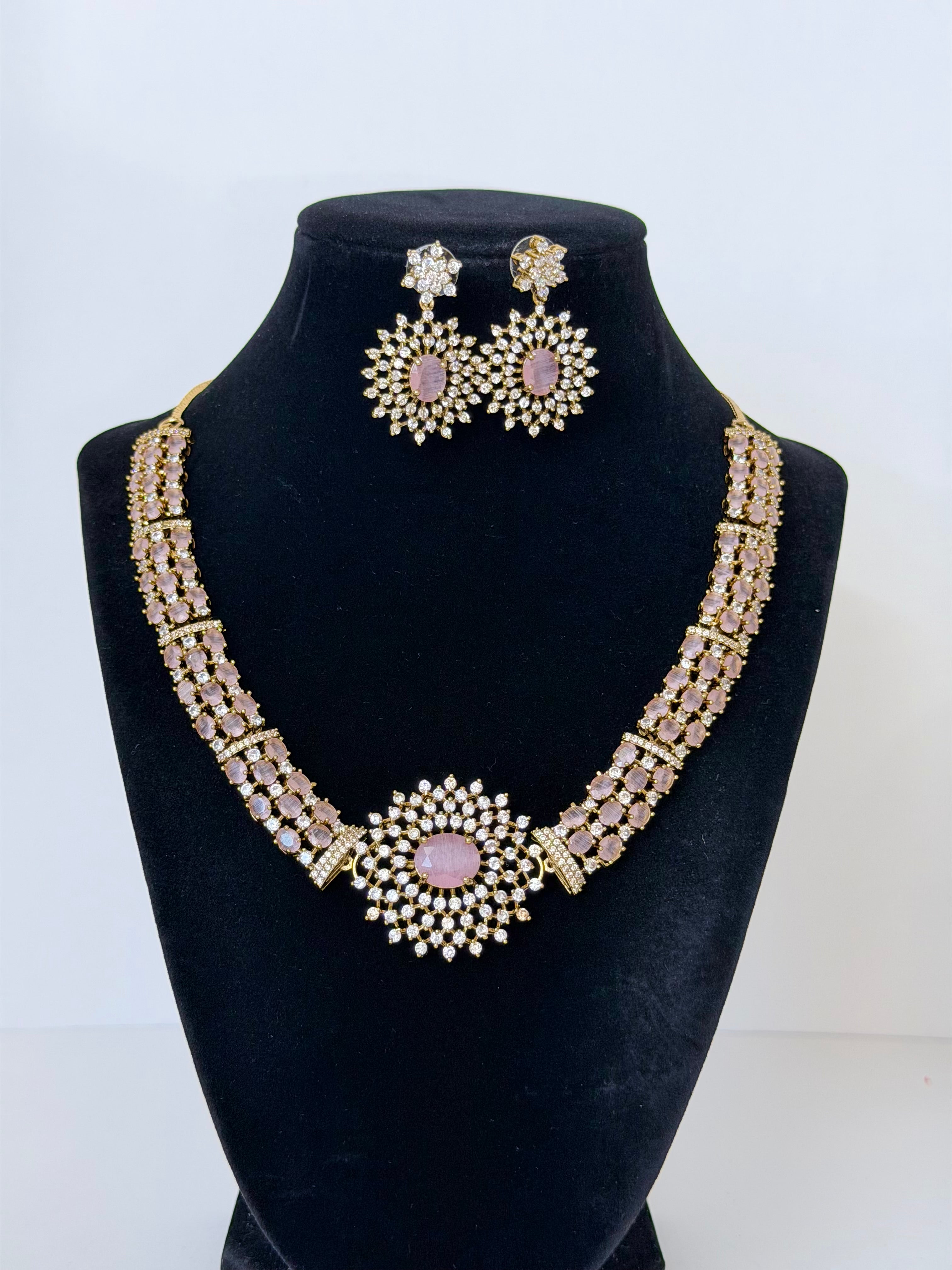 American Diamond Nova Necklace Set with Earrings in Gold Base