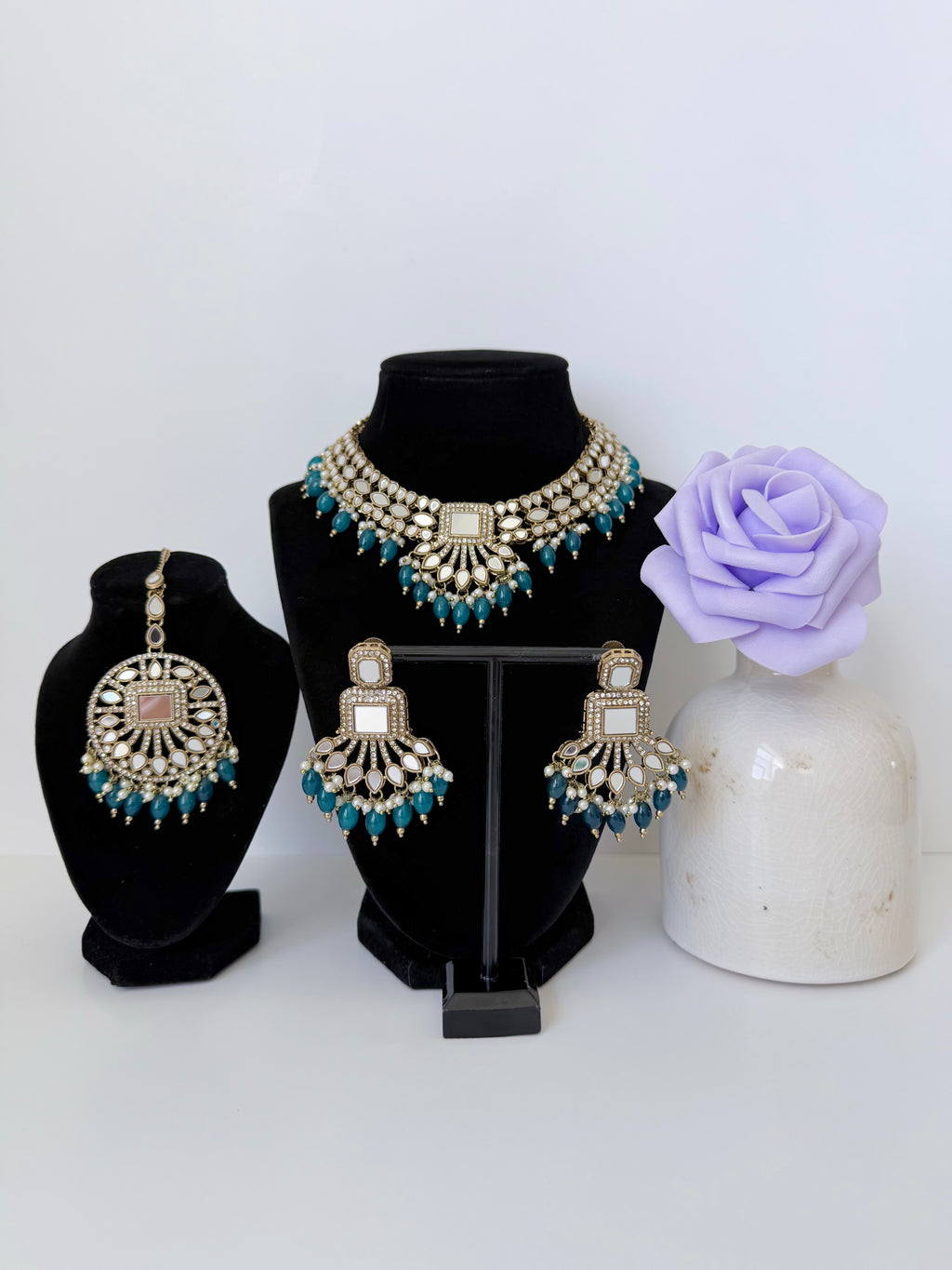 Bollywood Sohni Mirrorwork Necklace set with Earrings and Tikka