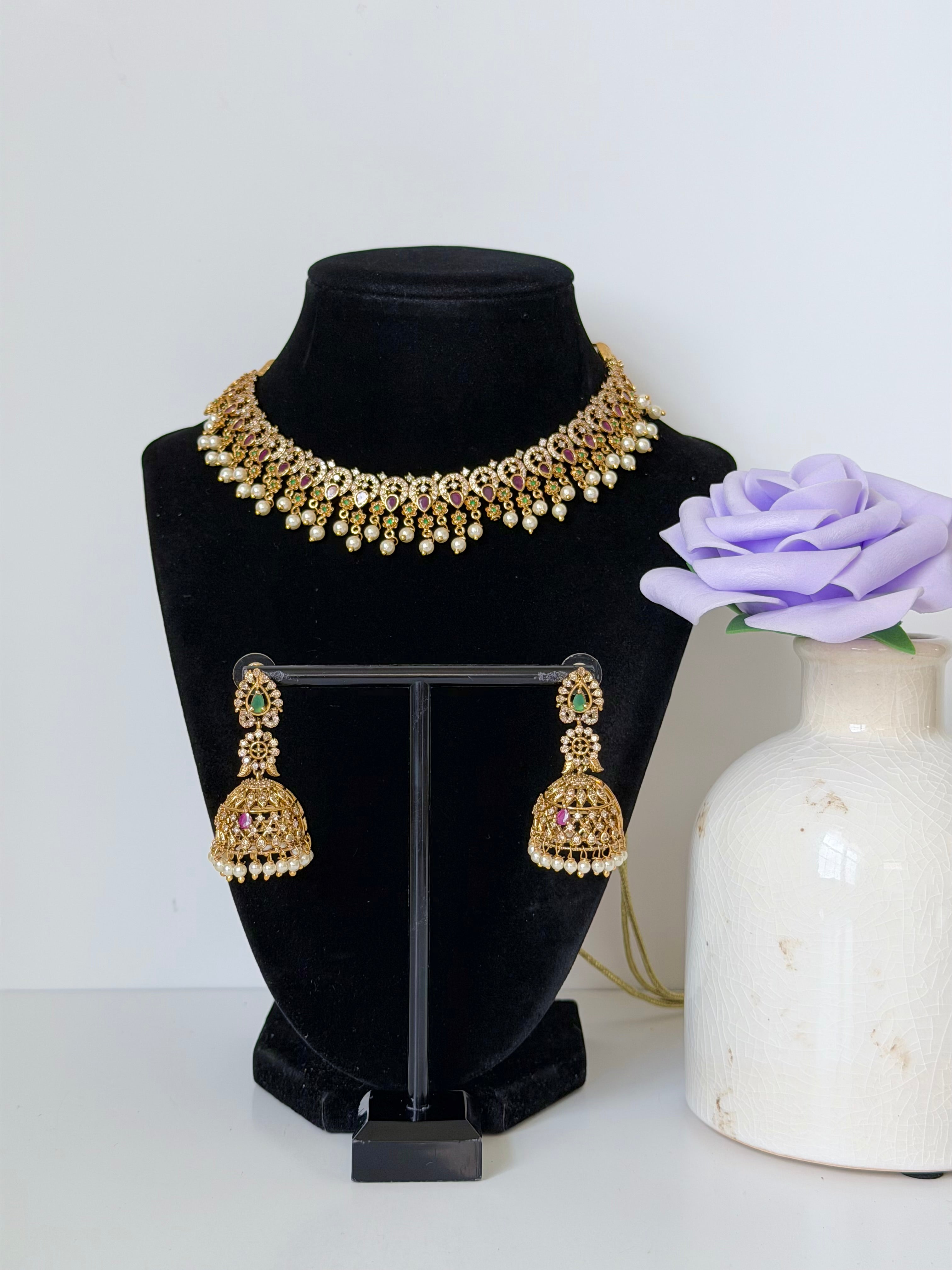 Meenakshi Traditional South Indian Necklace with Jhumka