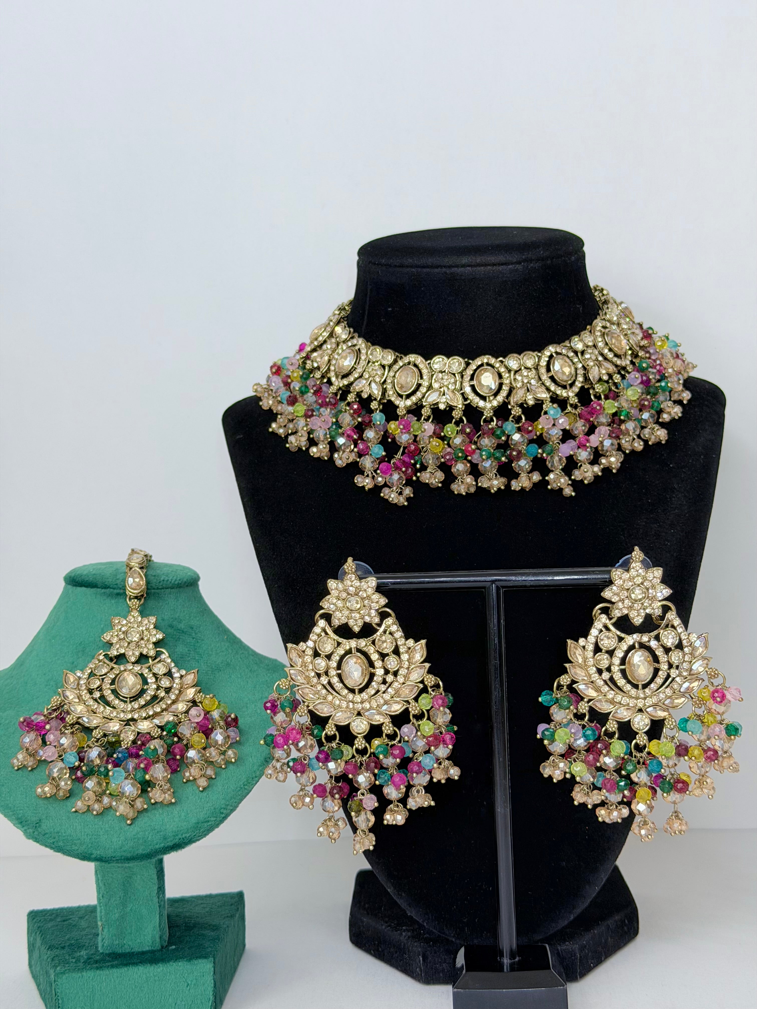 Bollywood Roshni Stonework Necklace Set with Earrings and Mangtika