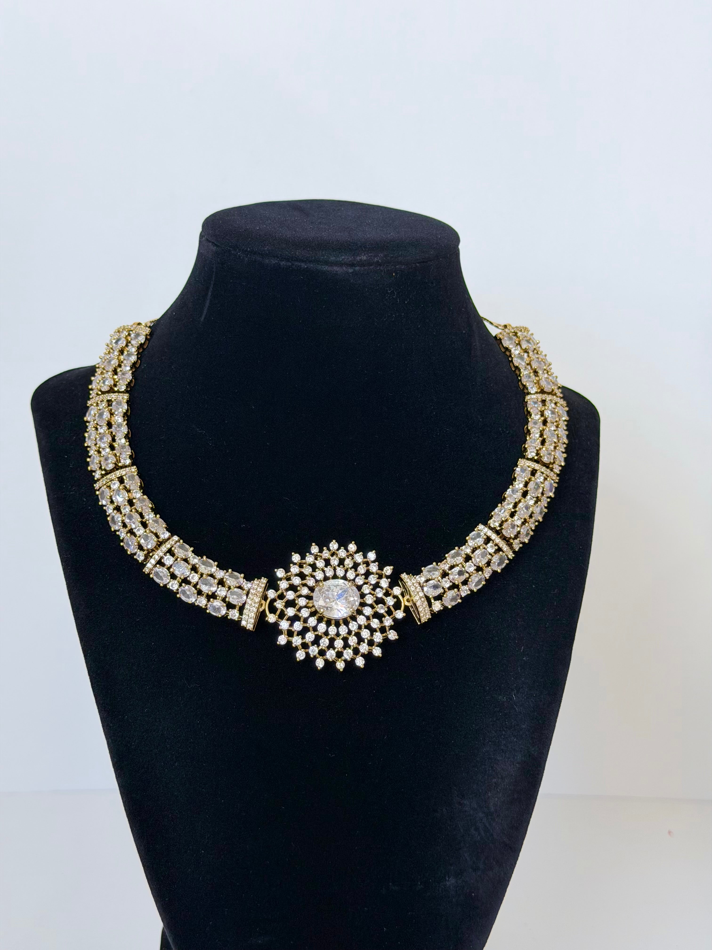 American Diamond Nova Necklace Set with Earrings in Gold Base