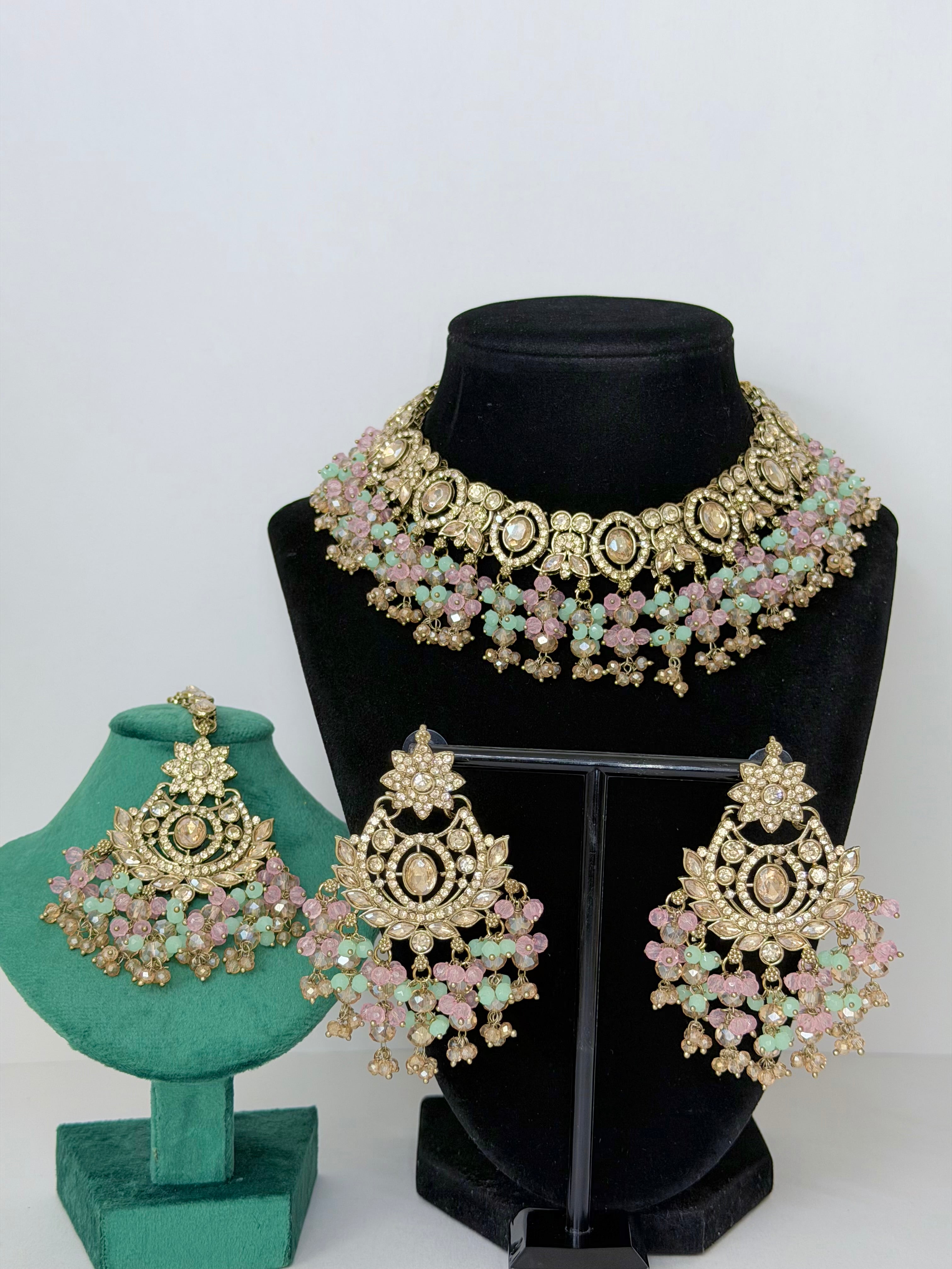 Bollywood Roshni Stonework Necklace Set with Earrings and Mangtika