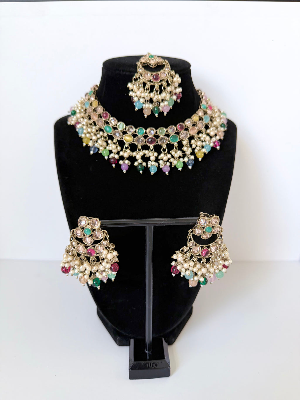 Bollywood Polki Riva Necklace Set with Earrings and Tikka