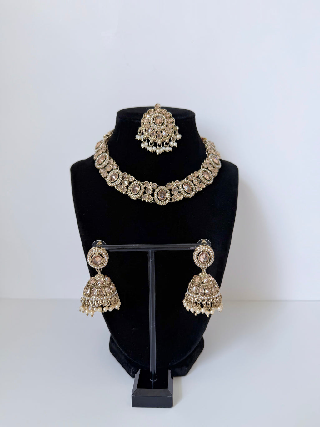 Bollywood Single Line Heer Necklace Set with Jhumka and Tikka