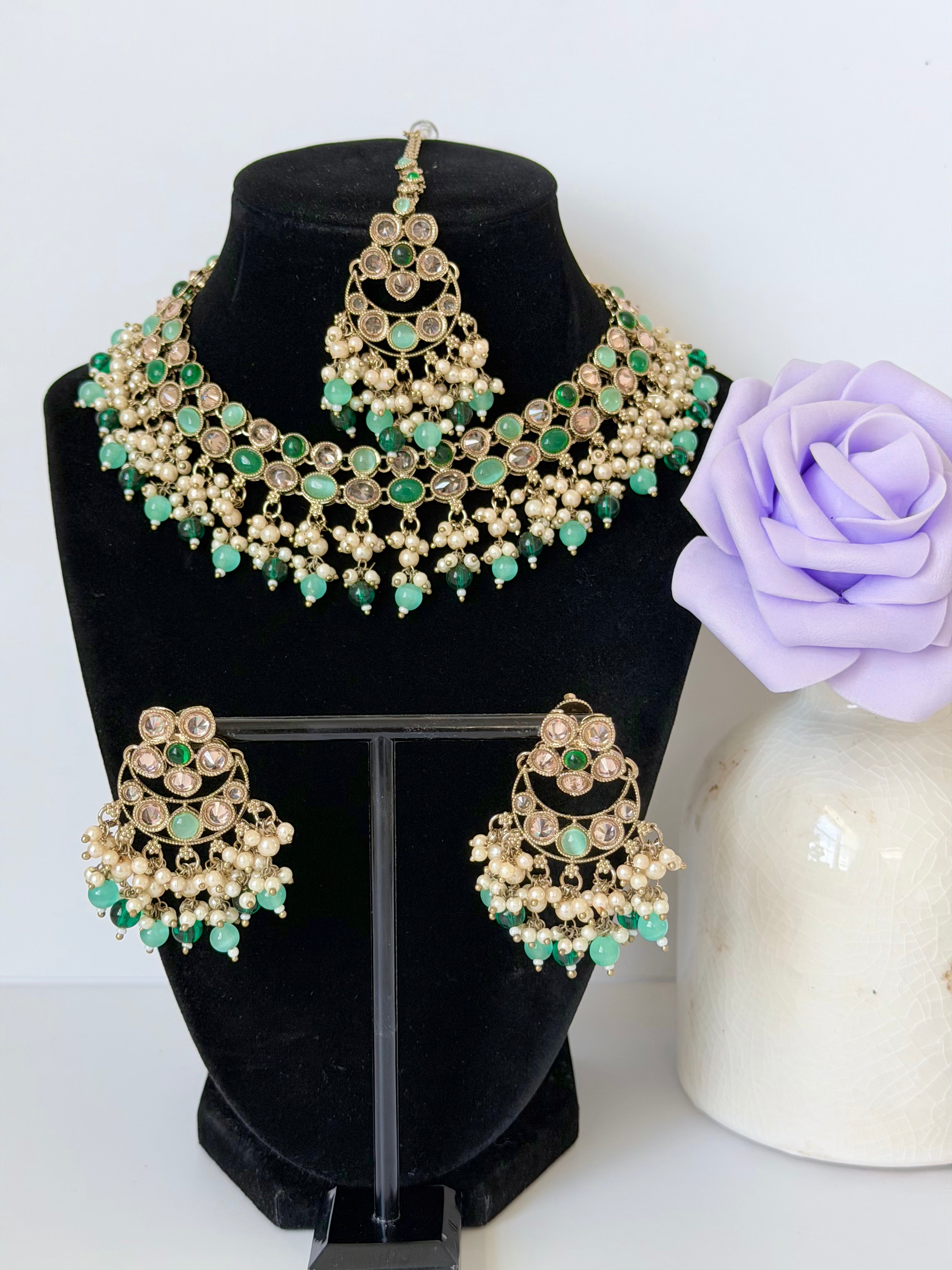 Bollywood Polki Riva Necklace Set with Earrings and Tikka