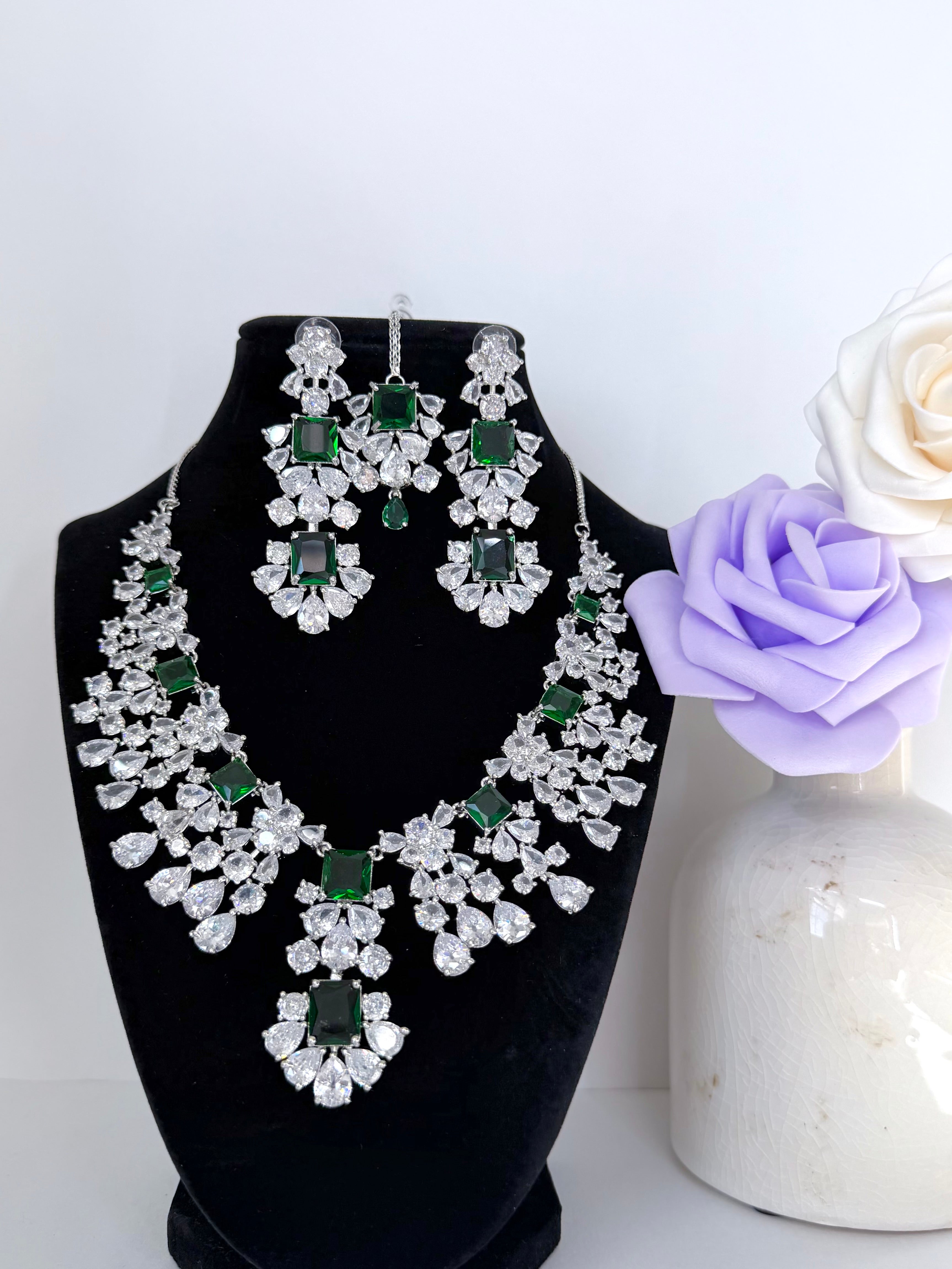 Royal Shahana Emerald American Diamond Set with Earrings and MangTika