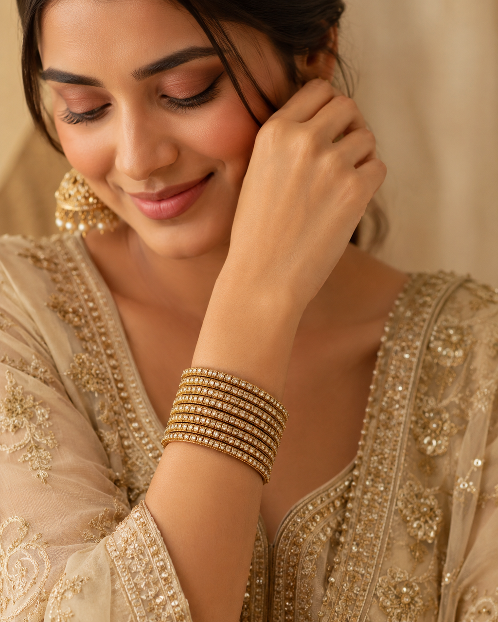 Sunehri Noor Mehendi Polish Champagne Stone Bangle Set - 8 Pieces