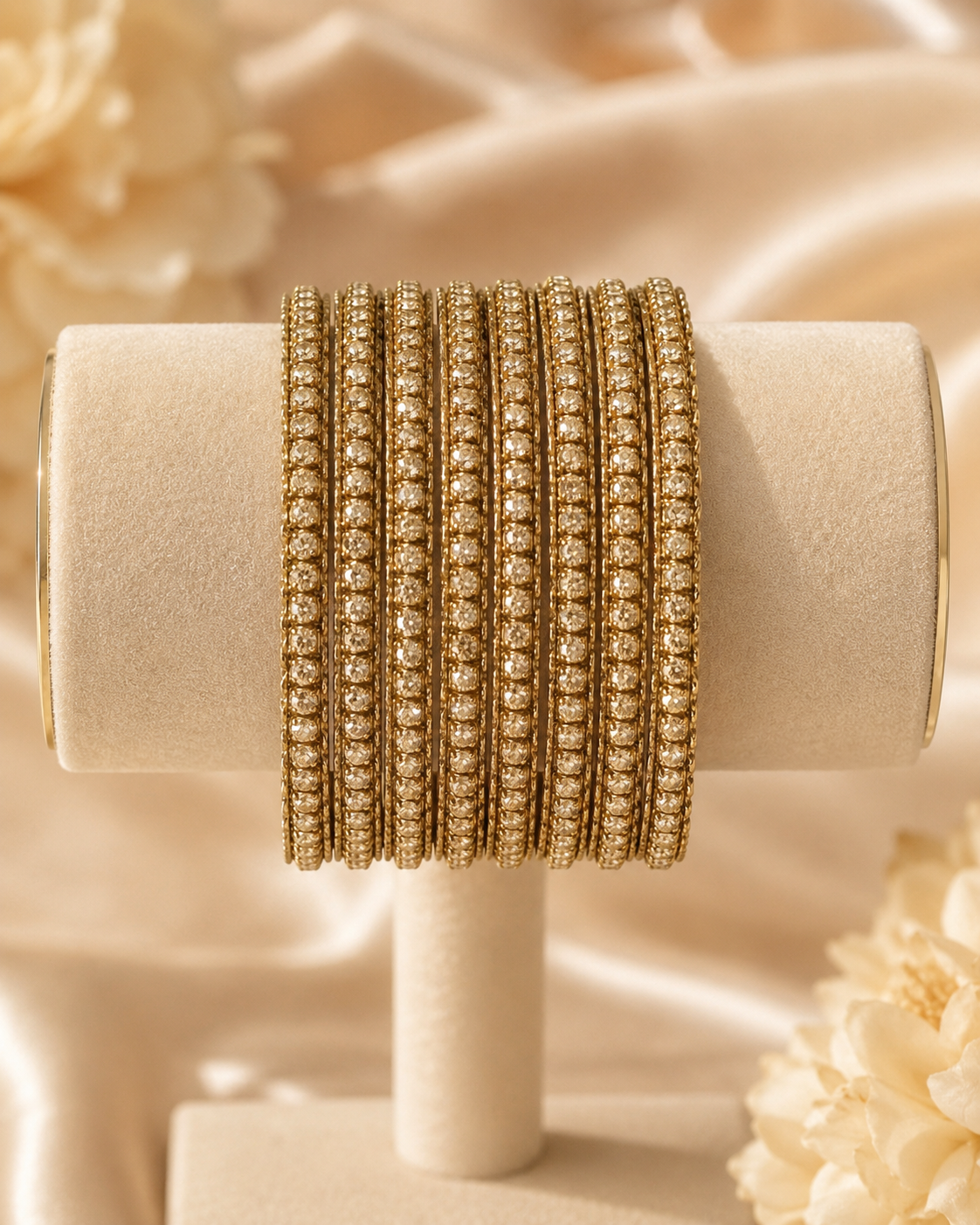 Sunehri Noor Mehendi Polish Champagne Stone Bangle Set - 8 Pieces
