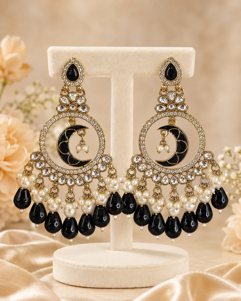 Chaandni Kundan Crescent Pearl Chandbali Earrings