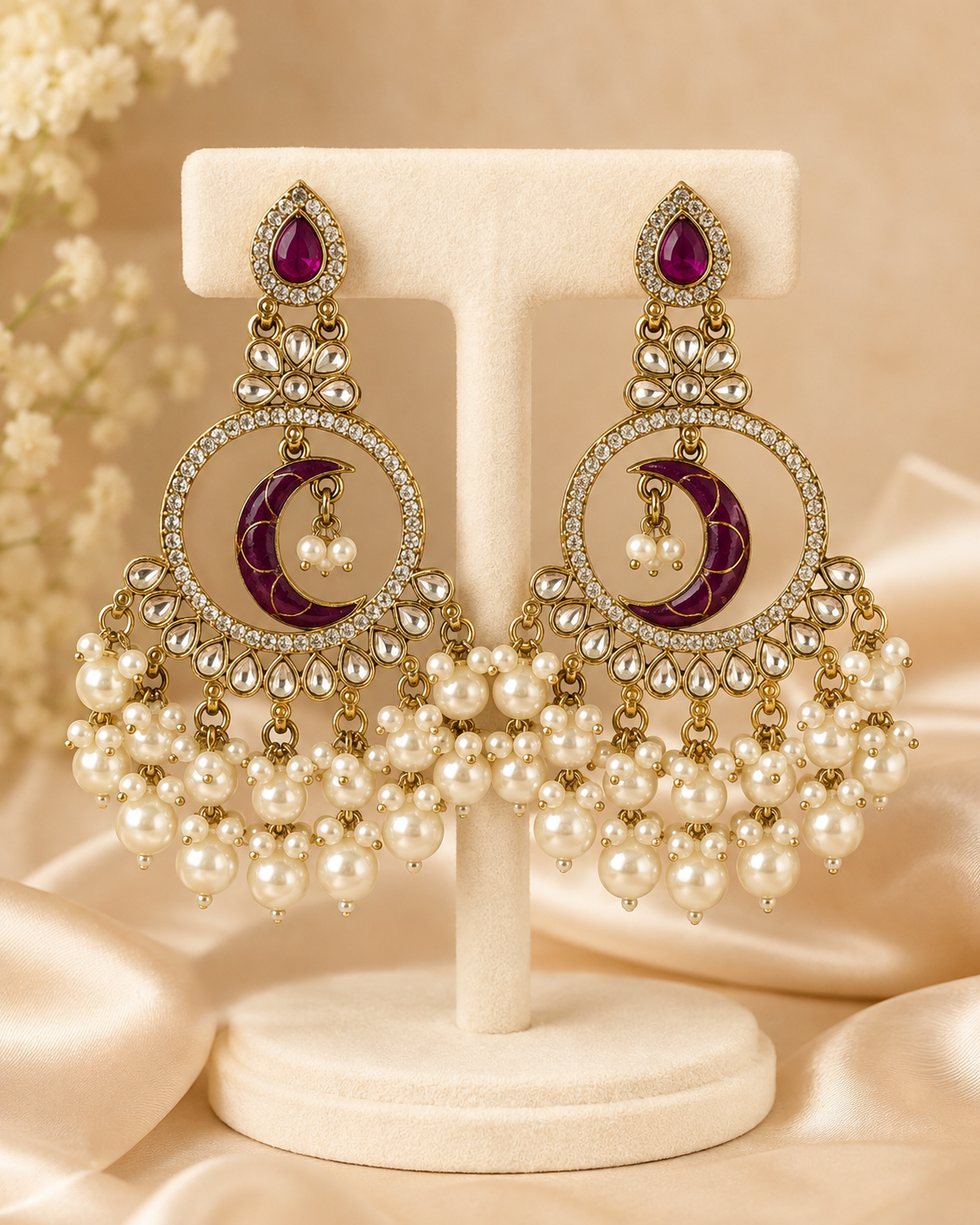 Chaandni Kundan Crescent Pearl Chandbali Earrings