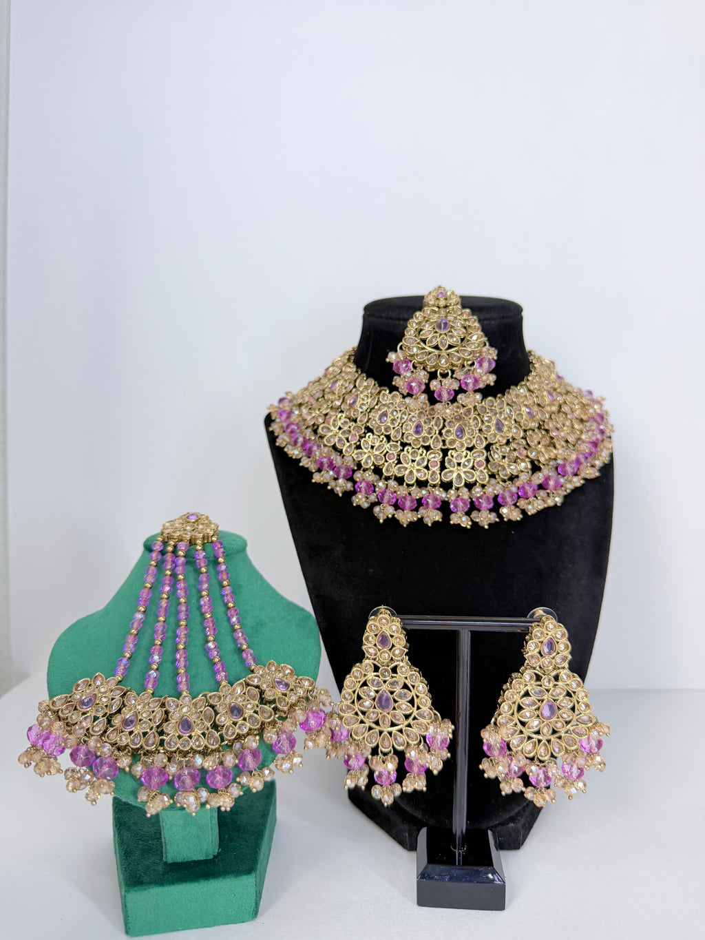 Desi Bollywood Zareena Polki Necklace Set with Earrings, MangTika and Passa